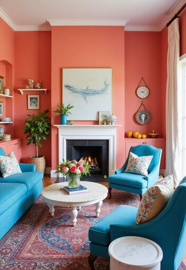 25 Beautiful House Color Schemes Interior Designers Recommend - 12. Playful Coral and Nautical Blue