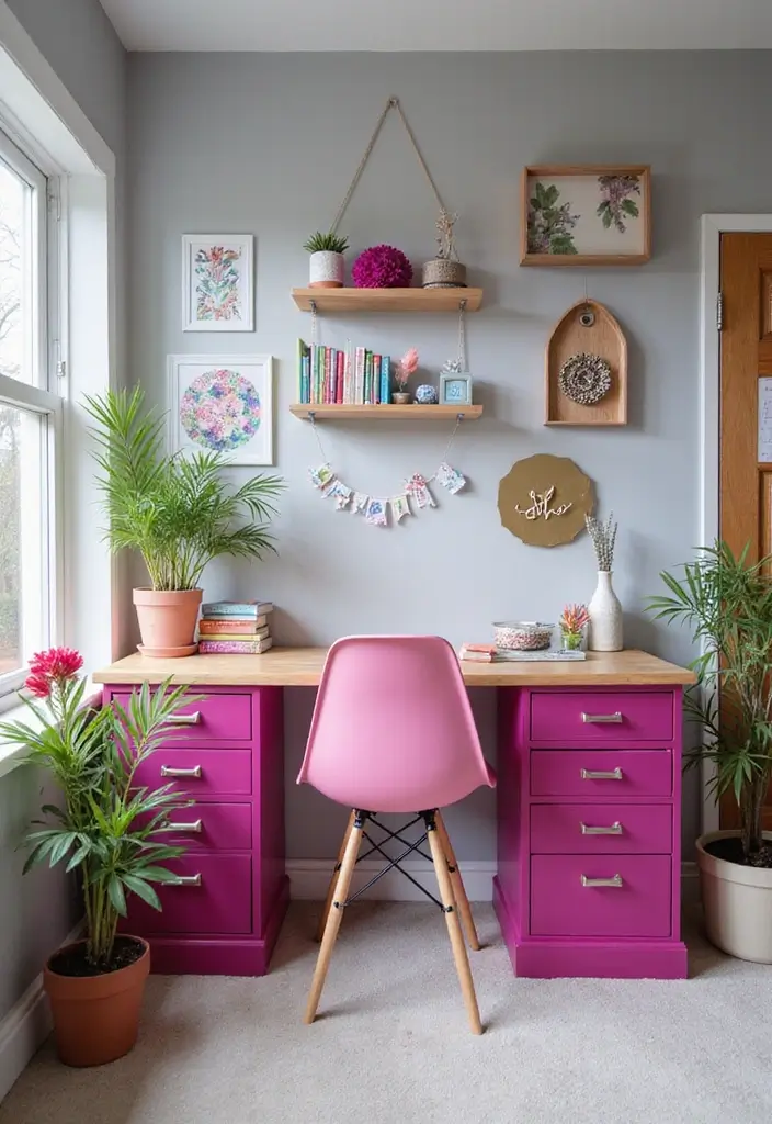25 Beautiful House Color Schemes Interior Designers Recommend - 21. Exciting Fuchsia and Soft Gray