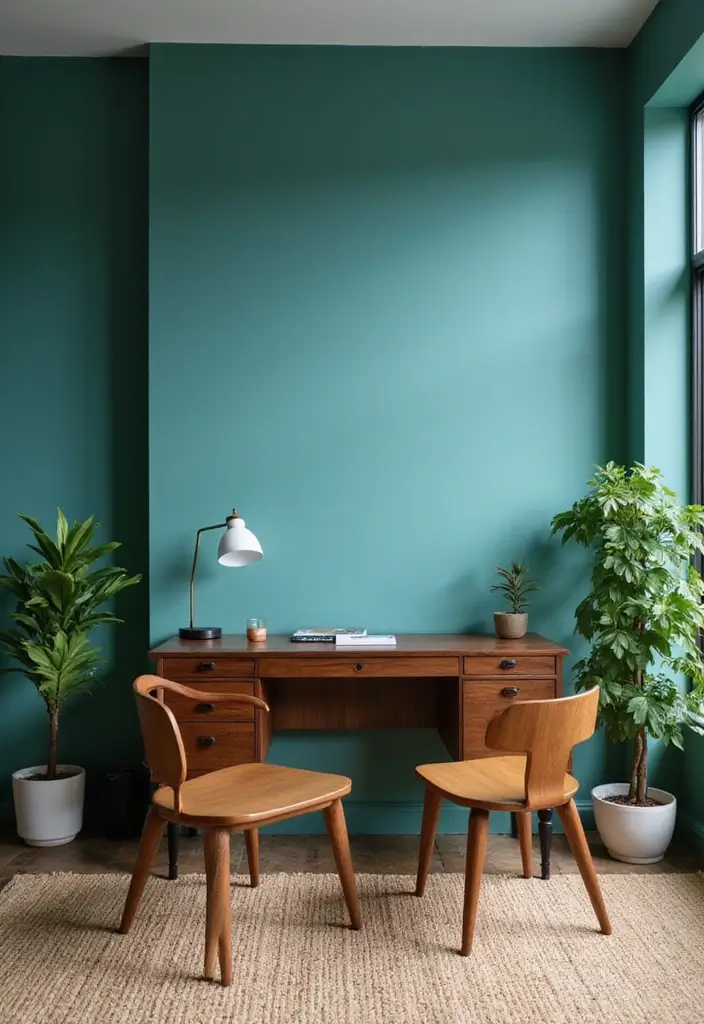 25 Beautiful House Color Schemes Interior Designers Recommend - 7. Vibrant Teal and Warm Walnut