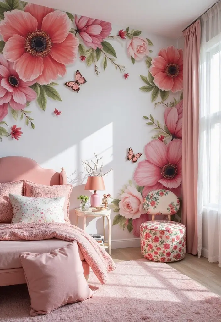 25 Fun Girls Room Paint Ideas with Pops of Color - 8. Floral Fantasy