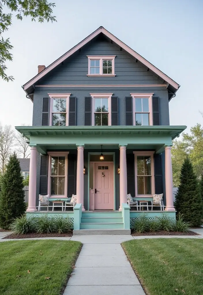 25 Gorgeous Bloxburg Color Schemes Exterior House Ideas - 3. Charcoal and Pastel Pops