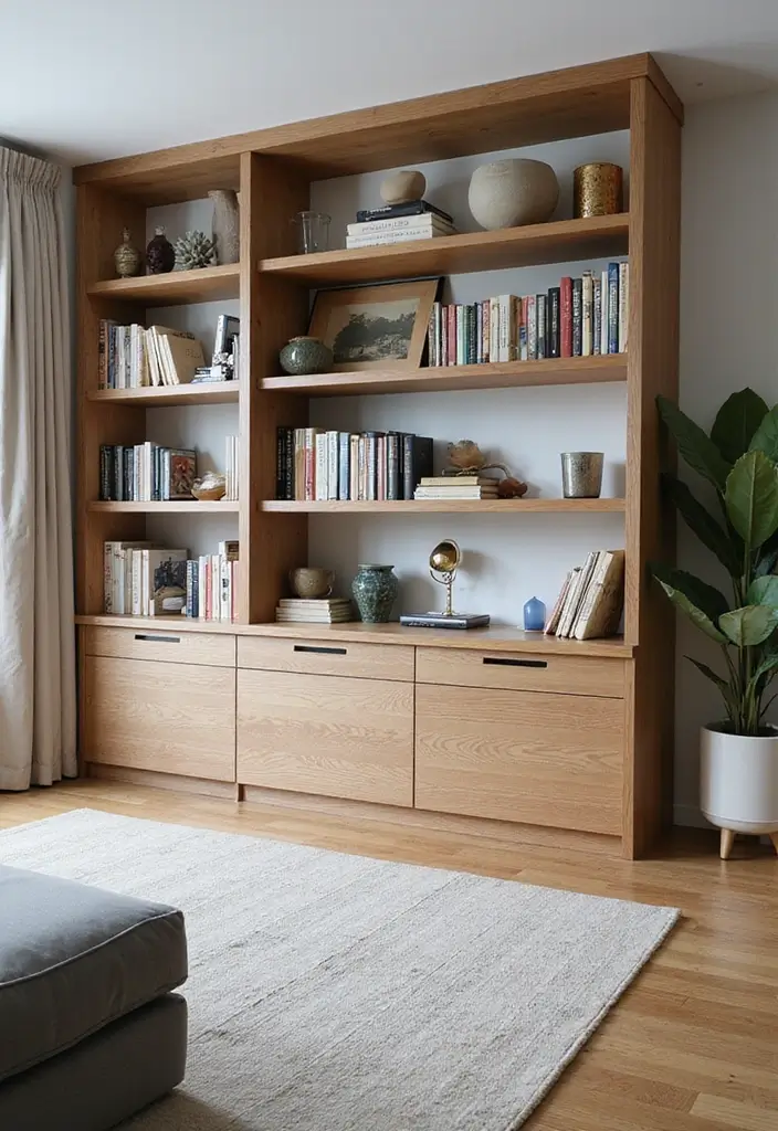 25 Ideas de Salas Color Gris Decoracion Hermosa - 14. Estanterías Abiertas con Libros y Decoración