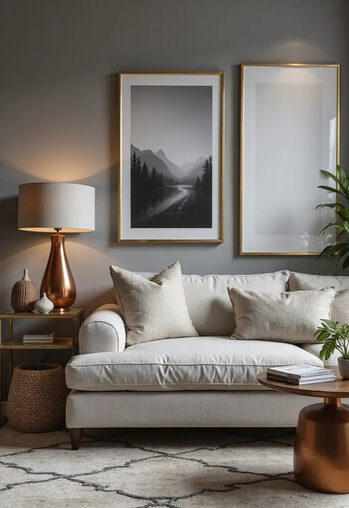 25 Ideas de Salas Color Gris Decoracion Hermosa - 15. Detalles en Cobre o Dorado