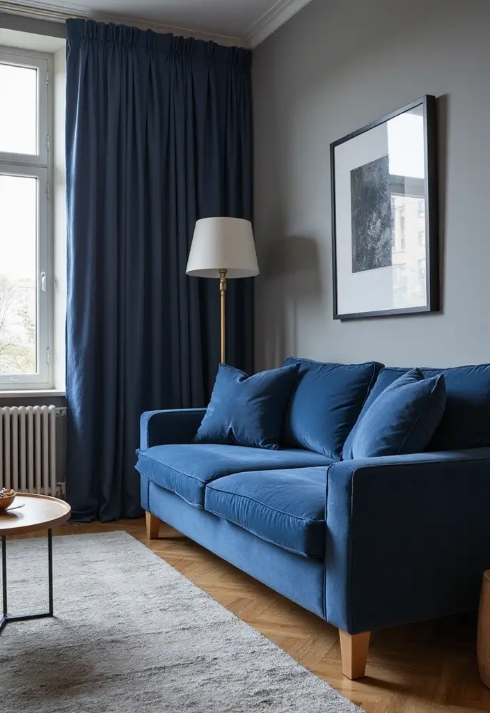 25 Ideas de Salas Color Gris Decoracion Hermosa - 17. Accentos en Azul Profundo