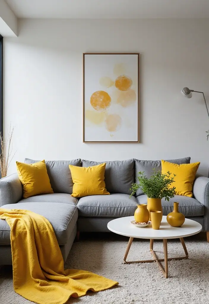 25 Ideas de Salas Color Gris Decoracion Hermosa - 4. Accesorios Decorativos en Color Amarillo