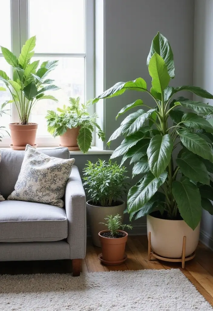 25 Ideas de Salas Color Gris Decoracion Hermosa - 9. Plantas de Interior como Accesorios