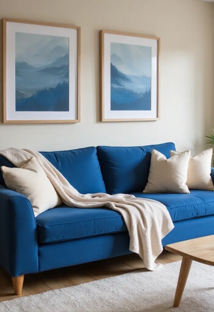 25 Neutral Living Room with Pop of Color Ideas You’ll Love - 1. Bold Blue Sofa