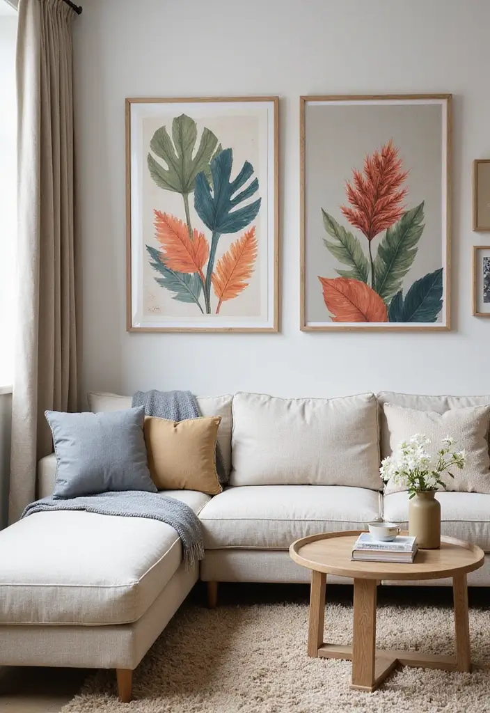 25 Neutral Living Room with Pop of Color Ideas You’ll Love - 12. Vibrant Artwork