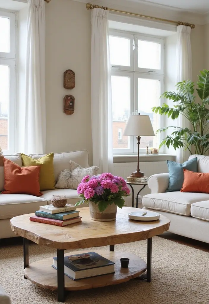 25 Neutral Living Room with Pop of Color Ideas You’ll Love - 15. Colorful Coffee Tables