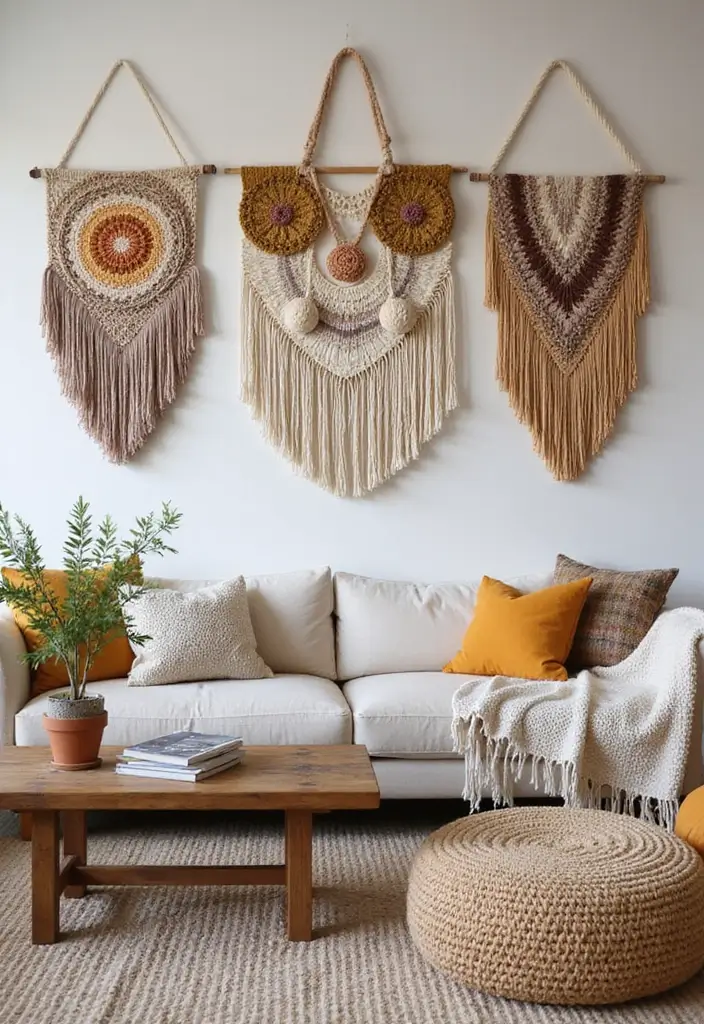 25 Neutral Living Room with Pop of Color Ideas You’ll Love - 18. Textured Wall Hangings