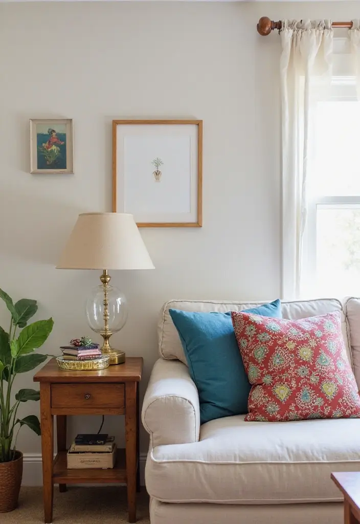 25 Neutral Living Room with Pop of Color Ideas You’ll Love - 19. Vintage Finds