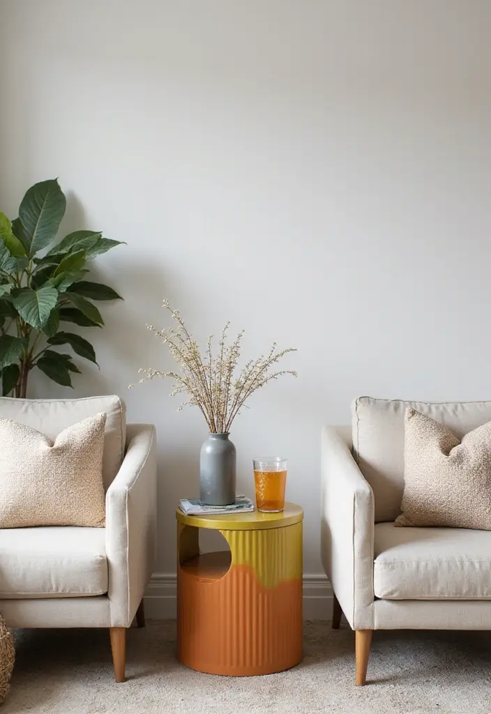 25 Neutral Living Room with Pop of Color Ideas You’ll Love - 24. Colorful Accent Tables