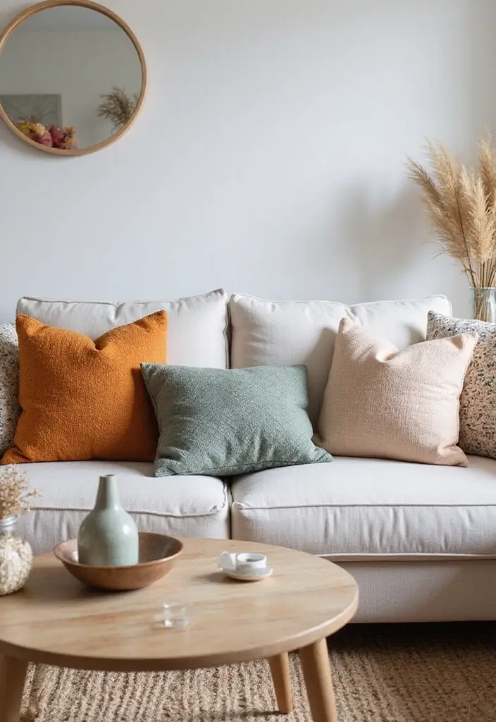 25 Neutral Living Room with Pop of Color Ideas You’ll Love - 25. Seasonal Decor Swaps