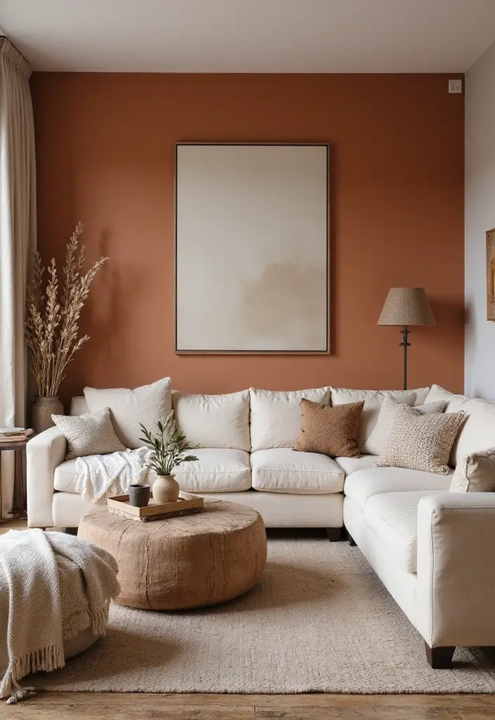 25 Neutral Living Room with Pop of Color Ideas You’ll Love - 3. Accent Wall of Warm Terracotta