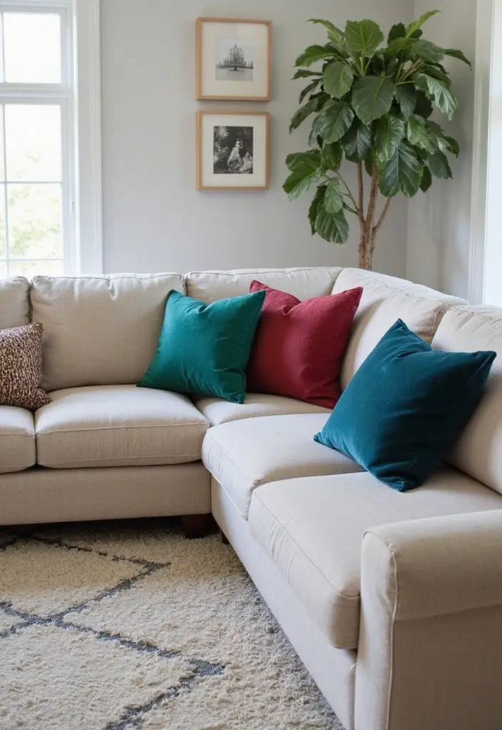 25 Neutral Living Room with Pop of Color Ideas You’ll Love - 5. Rich Jewel Tones