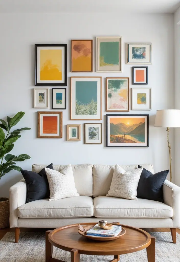 25 Neutral Living Room with Pop of Color Ideas You’ll Love - 6. Artsy Gallery Wall