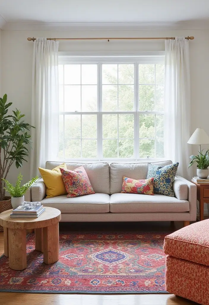25 Neutral Living Room with Pop of Color Ideas You’ll Love - 7. Playful Patterns