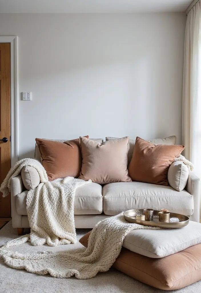 25 Neutral Living Room with Pop of Color Ideas You’ll Love - 8. Layered Textures