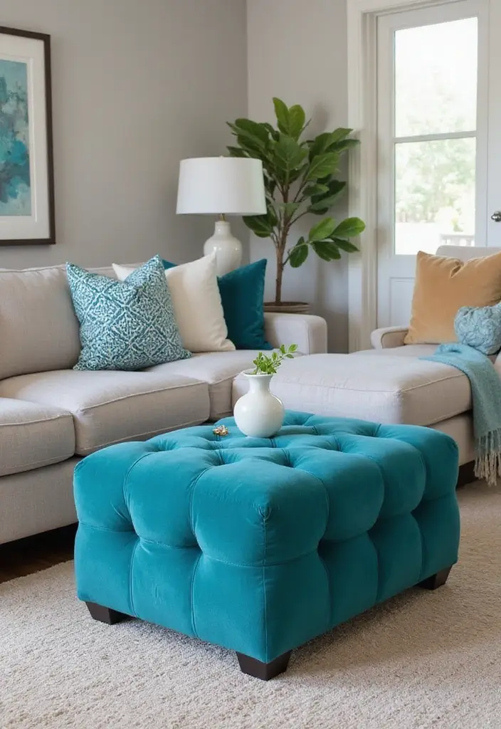 25 Neutral Living Room with Pop of Color Ideas You’ll Love - 9. Stylish Colorful Ottomans