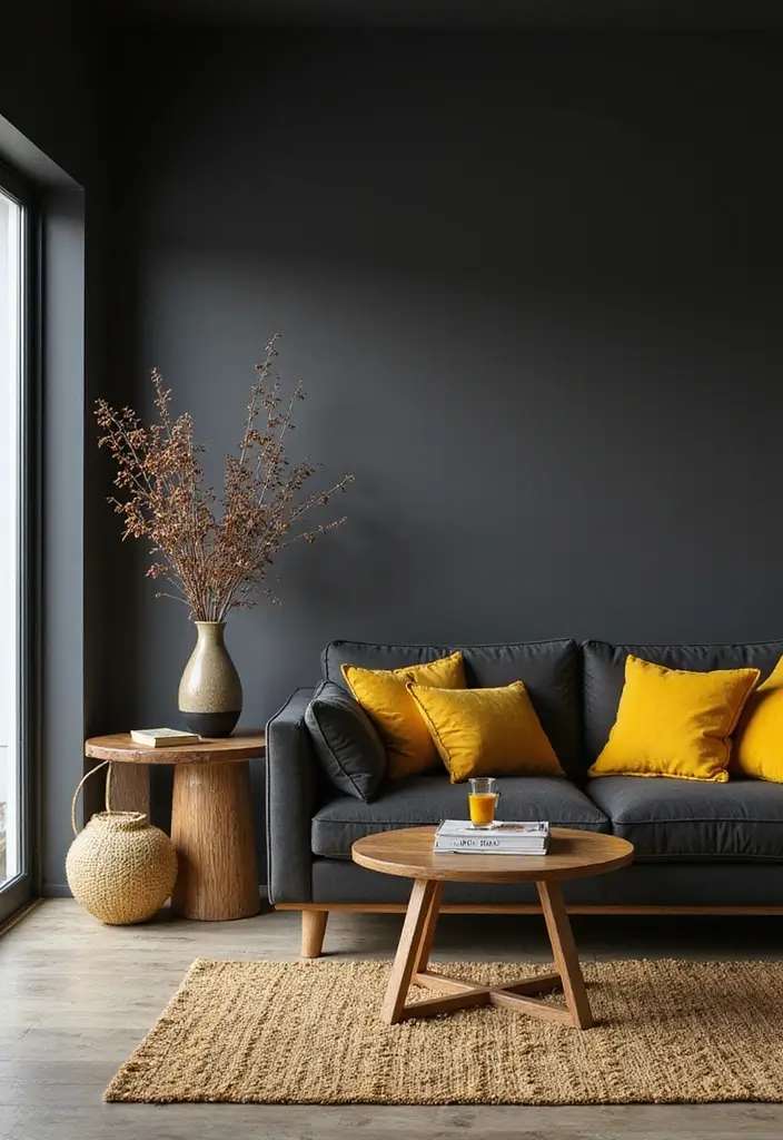 25 Stunning Color Combinations for Living Room Decor - 11. Charcoal and Golden Yellow