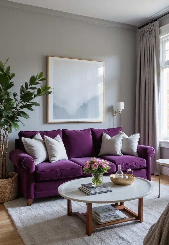 25 Stunning Color Combinations for Living Room Decor - 12. Plum and Soft Gray