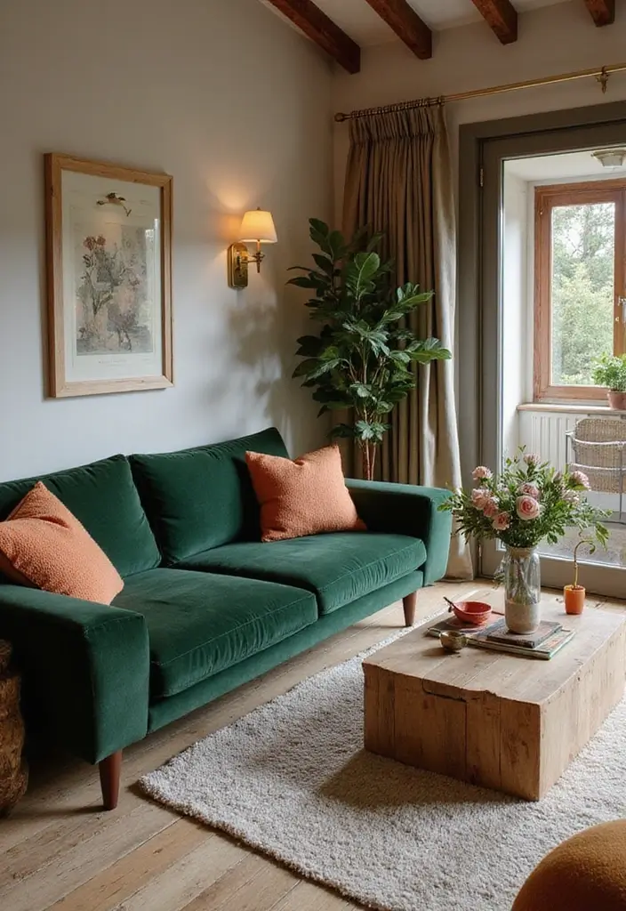 25 Stunning Color Combinations for Living Room Decor - 13. Forest Green and Apricot