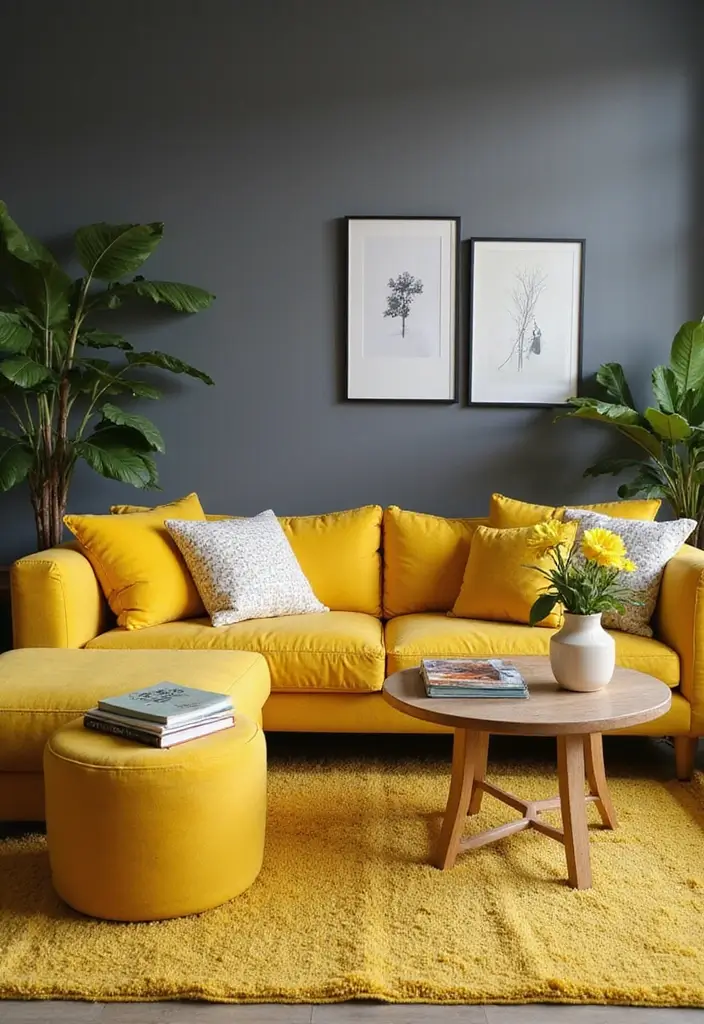 25 Stunning Color Combinations for Living Room Decor - 16. Daffodil Yellow and Deep Gray