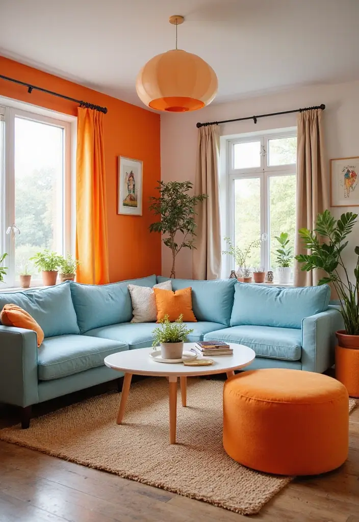 25 Stunning Color Combinations for Living Room Decor - 17. Bright Orange and Light Blue