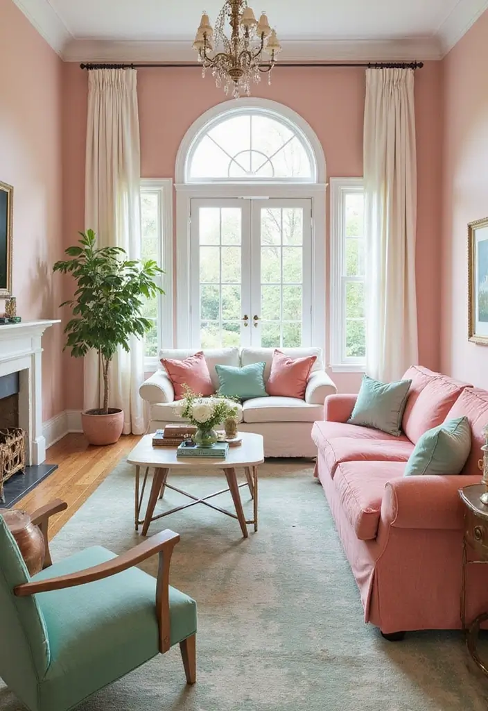 25 Stunning Color Combinations for Living Room Decor - 19. Coral Pink and Seafoam Green