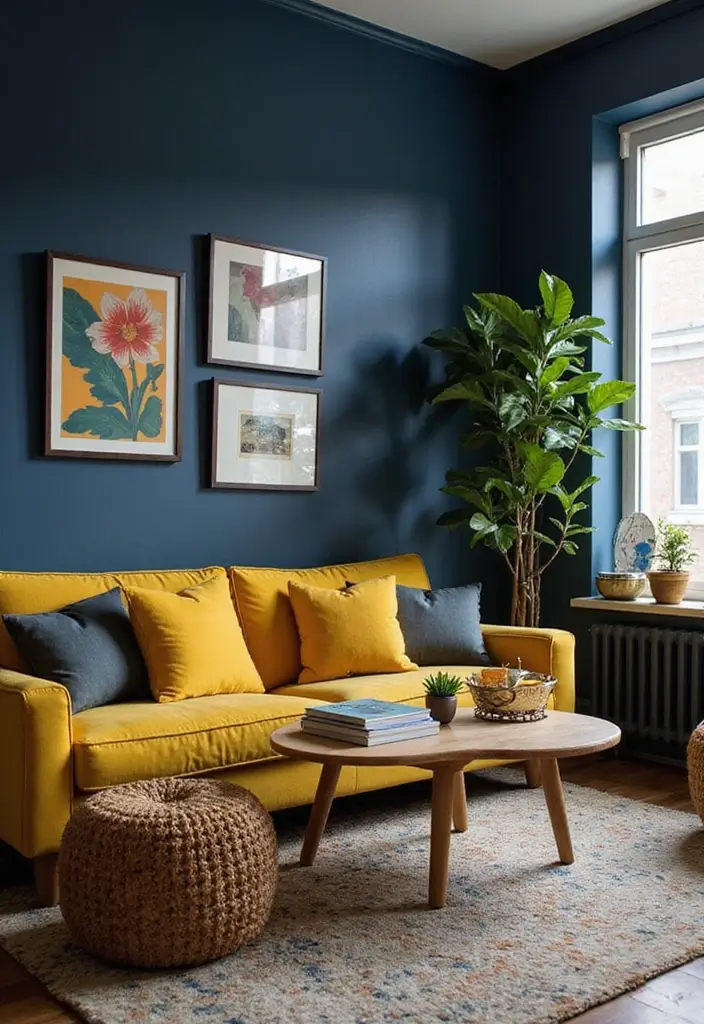 25 Stunning Color Combinations for Living Room Decor - 2. Deep Indigo and Mustard Yellow