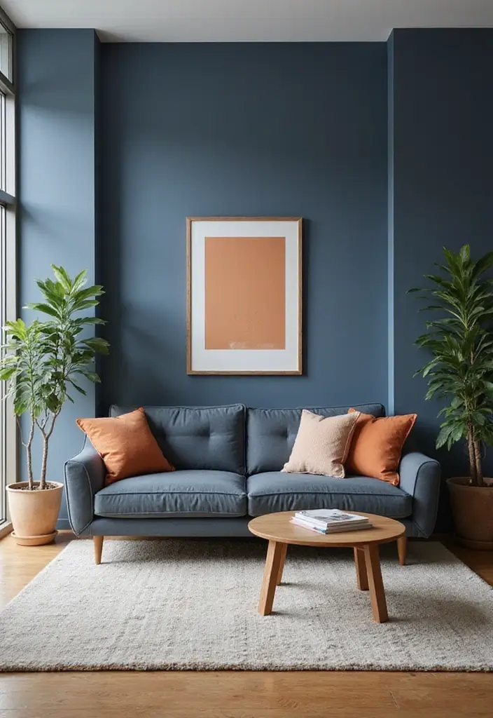 25 Stunning Color Combinations for Living Room Decor - 20. Steel Blue and Apricot