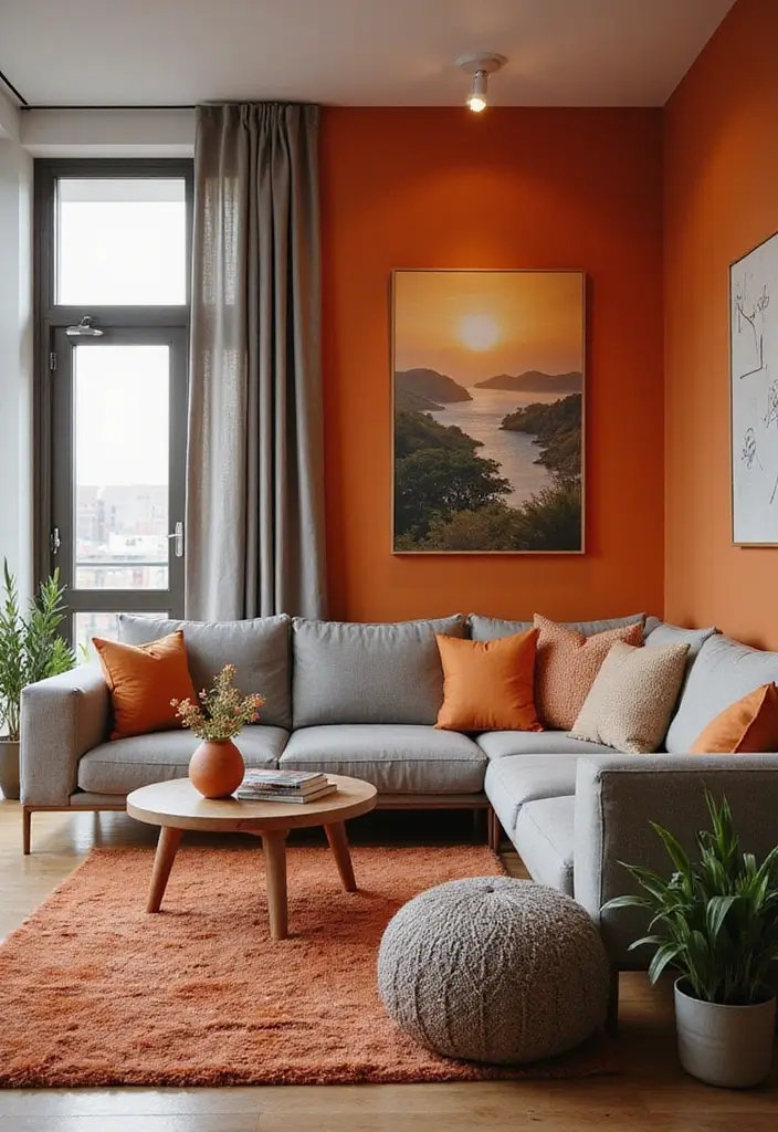 25 Stunning Color Combinations for Living Room Decor - 22. Sunset Orange and Cool Grey