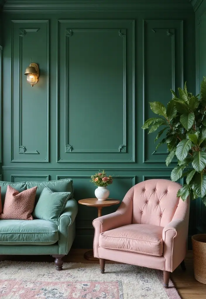 25 Stunning Color Combinations for Living Room Decor - 23. Emerald Green and Blush Pink