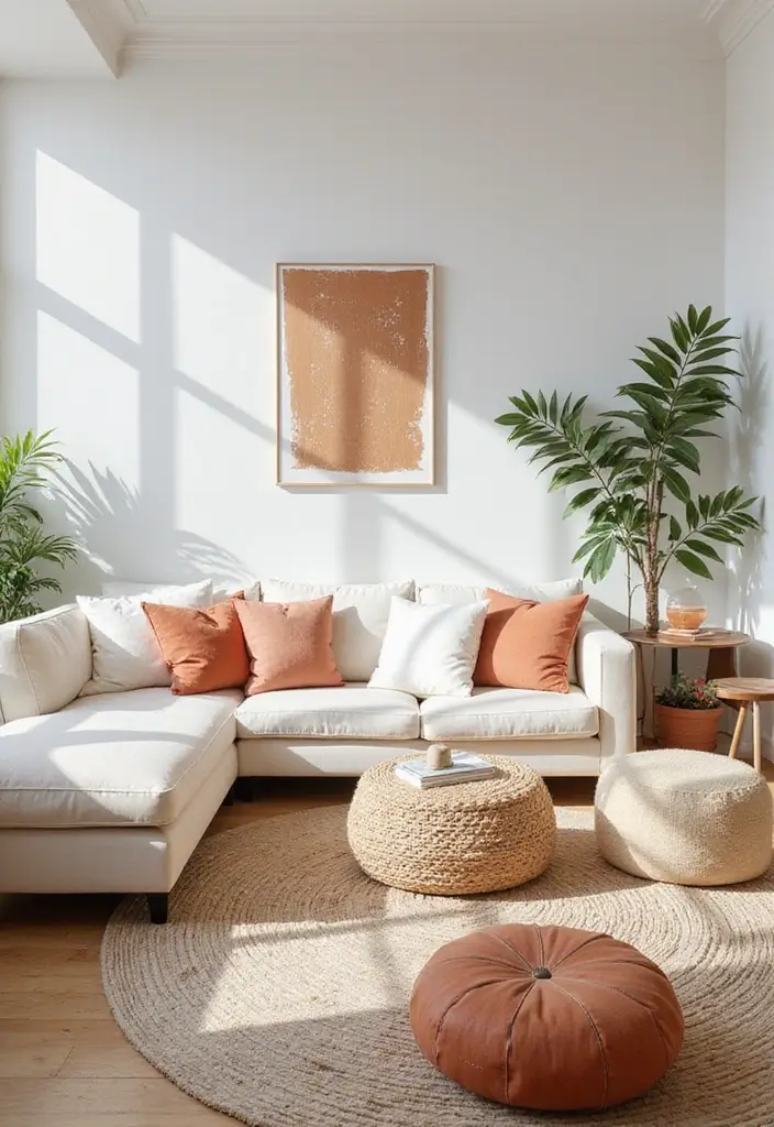 25 Stunning Color Combinations for Living Room Decor - 24. Bright White and Earthy Terracotta