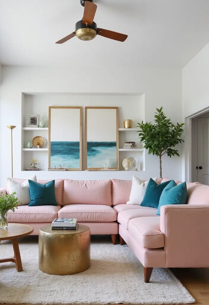 25 Stunning Color Combinations for Living Room Decor - 3. Blush Pink and Teal