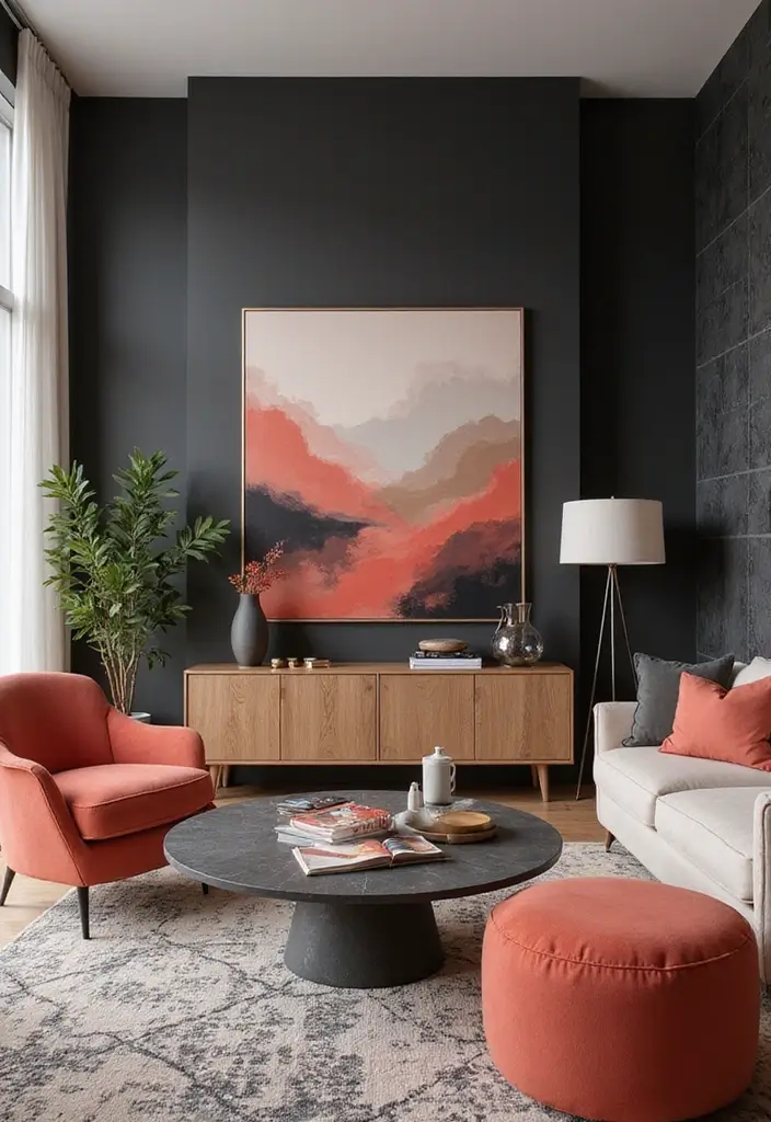 25 Stunning Color Combinations for Living Room Decor - 5. Coral and Charcoal
