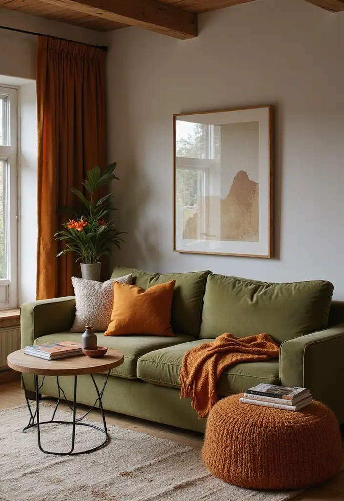 25 Stunning Color Combinations for Living Room Decor - 6. Olive Green and Burnt Orange