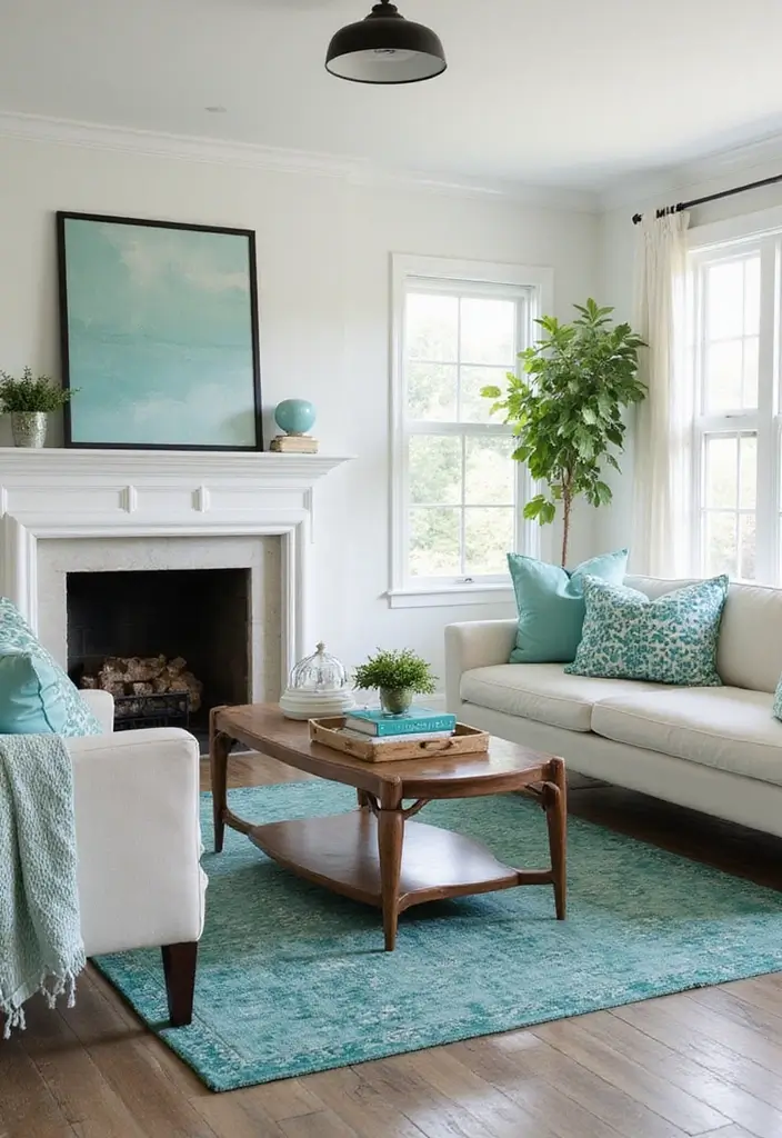 25 Stunning Color Combinations for Living Room Decor - 9. Aqua and Walnut