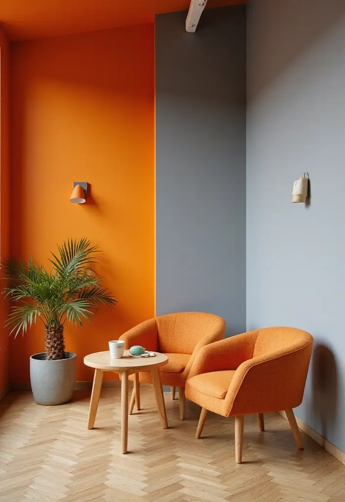 25 Two Tone Wall Paint Ideas That Look Elegant & Stylish - 12. Dynamic Duo: Orange and Gray