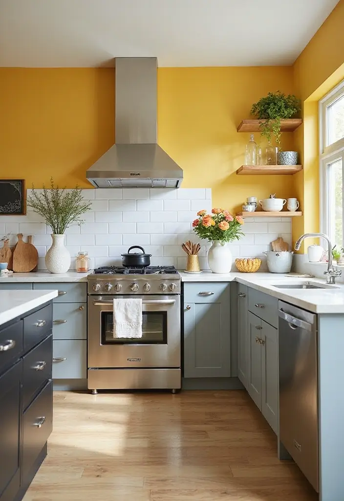 25 Two Tone Wall Paint Ideas That Look Elegant & Stylish - 16. Bright Yellow and Soft Gray