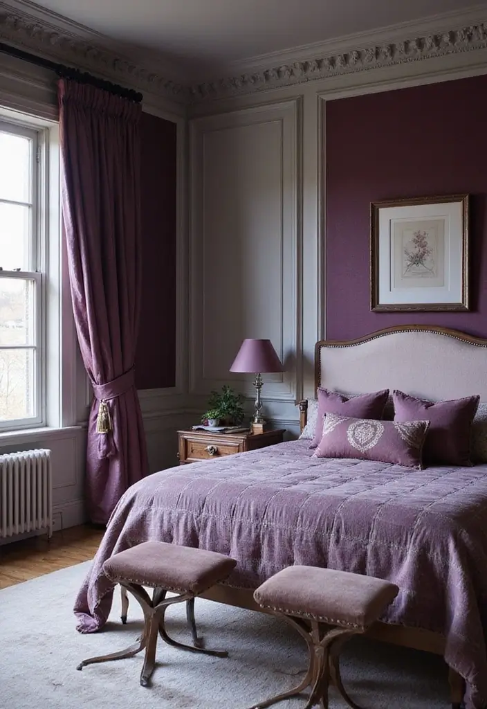 25 Two Tone Wall Paint Ideas That Look Elegant & Stylish - 21. Deep Purple and Light Gray