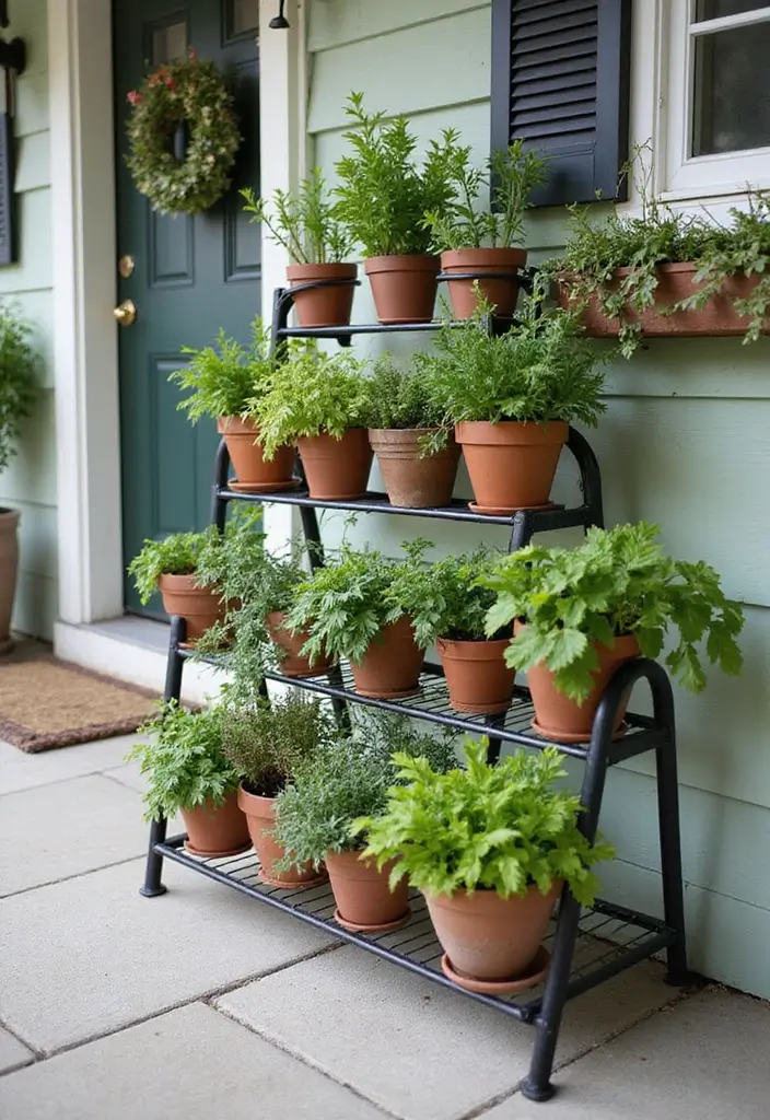30 Small Front Porch Ideas That Maximize Every Inch - 27. Stylish Pot Rack