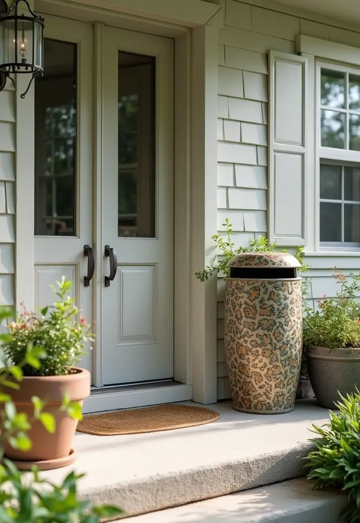 30 Small Front Porch Ideas That Maximize Every Inch - 28. Stylish Trash Can
