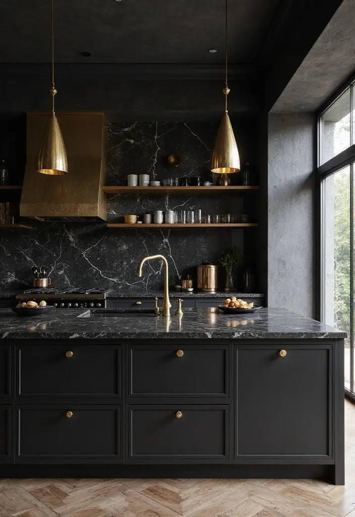 30 Black Countertops Kitchen Color Schemes That Look Chic - 11. Gold Accents