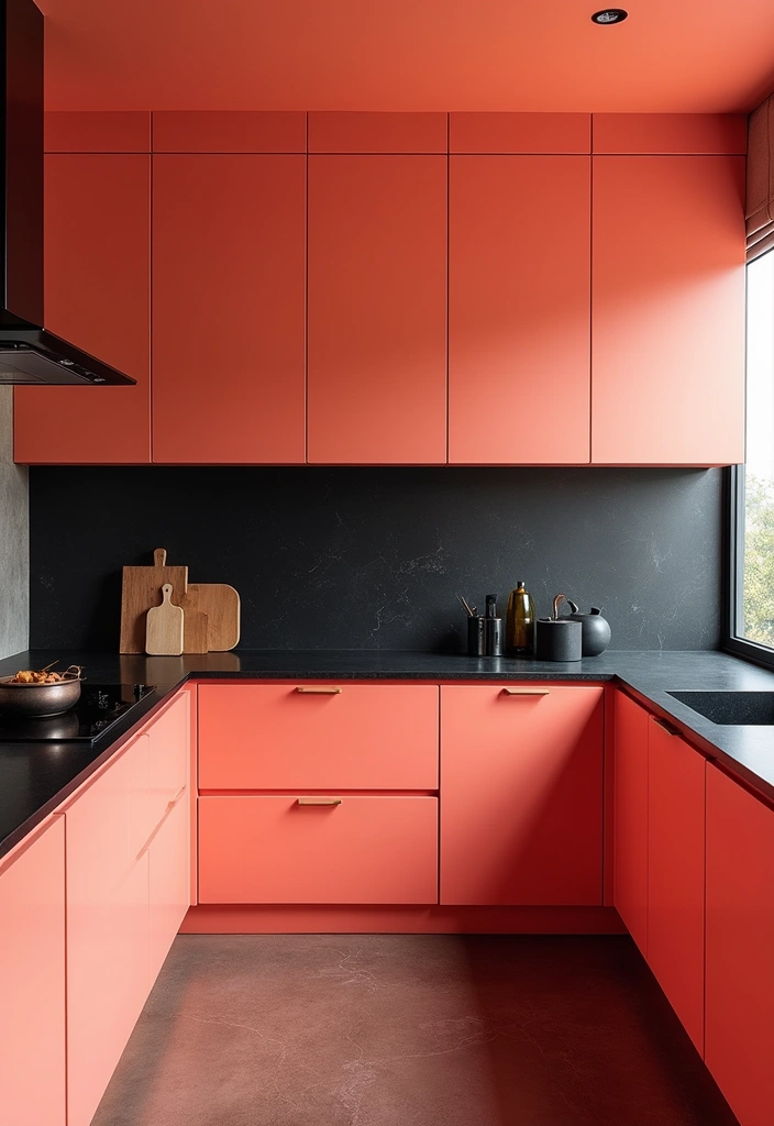 30 Black Countertops Kitchen Color Schemes That Look Chic - 21. Black and Coral