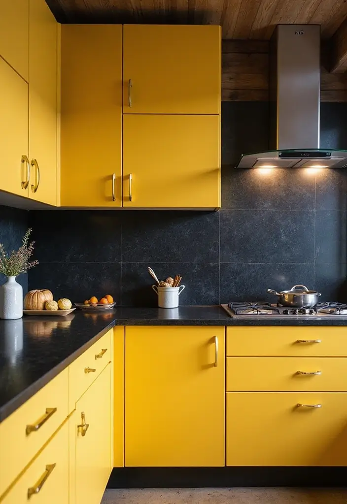 30 Black Countertops Kitchen Color Schemes That Look Chic - 22. Black and Mustard
