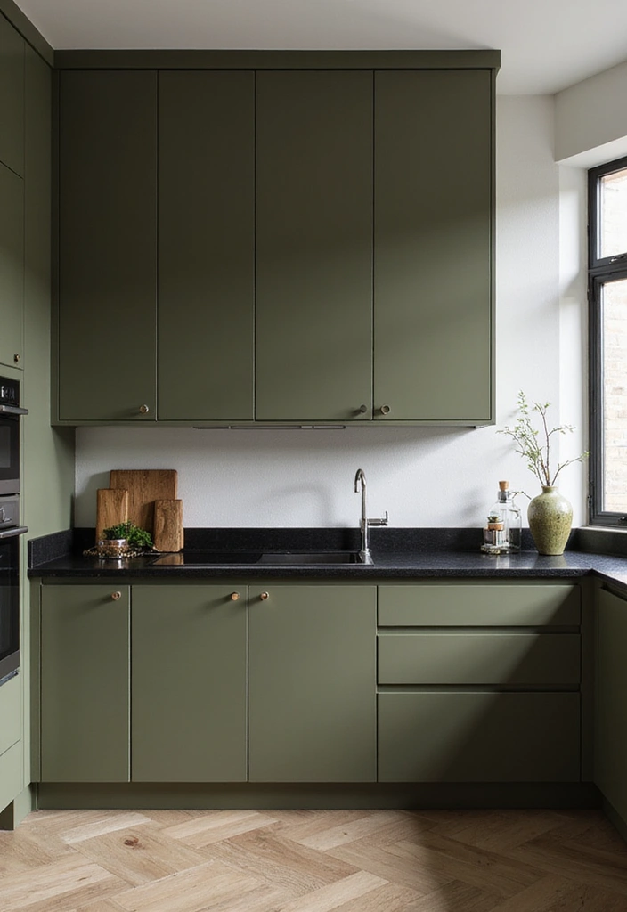 30 Black Countertops Kitchen Color Schemes That Look Chic - 27. Black and Olive Green