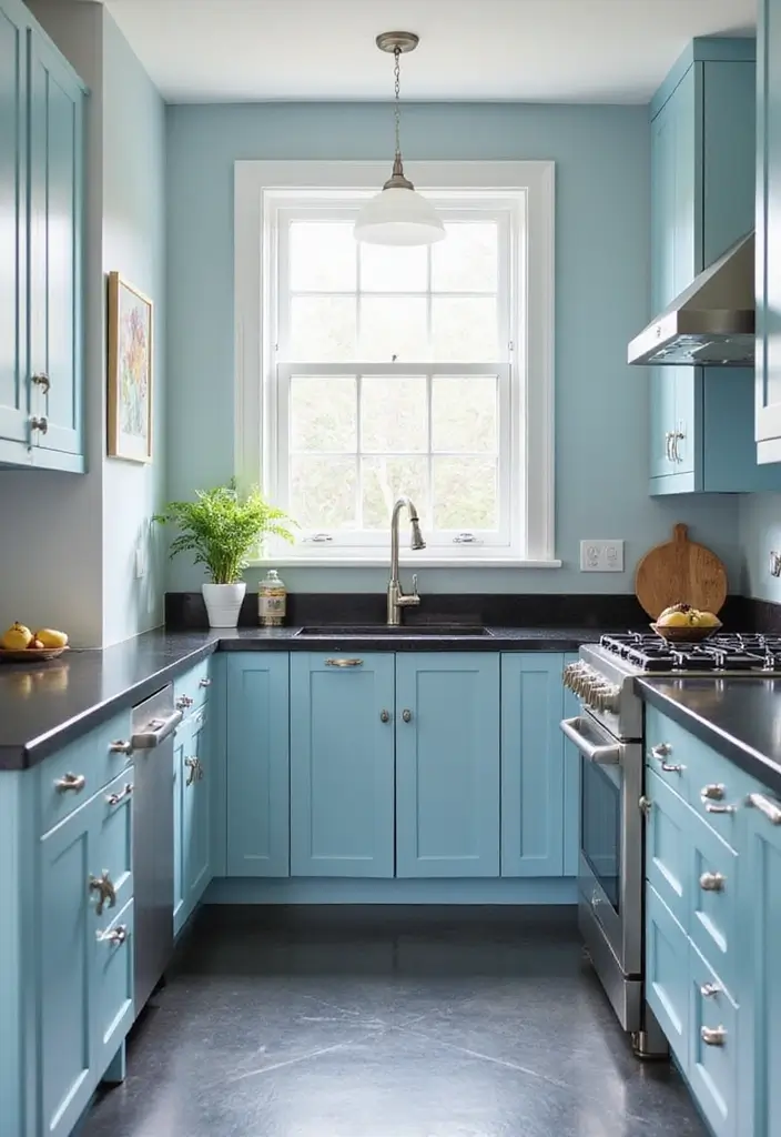 30 Black Countertops Kitchen Color Schemes That Look Chic - 28. Black and Powder Blue