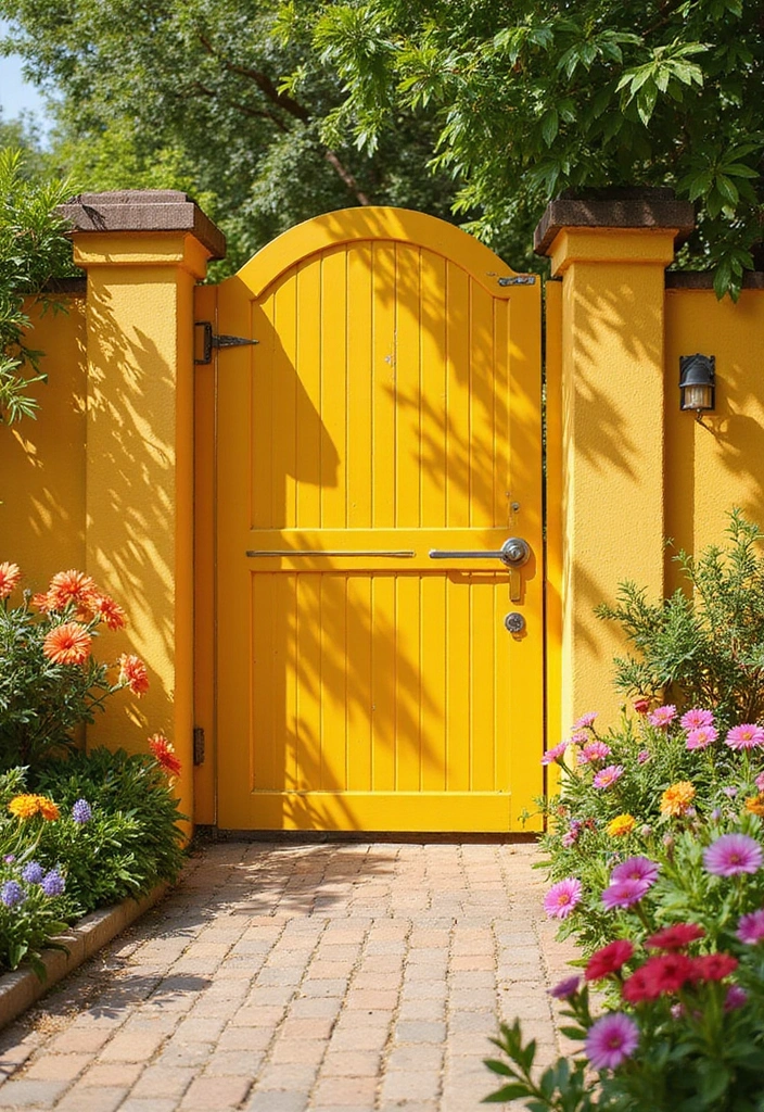 30 Creative Gate Paint Color Ideas to Elevate Your Home Exterior - 7. Charming Mustard Yellow