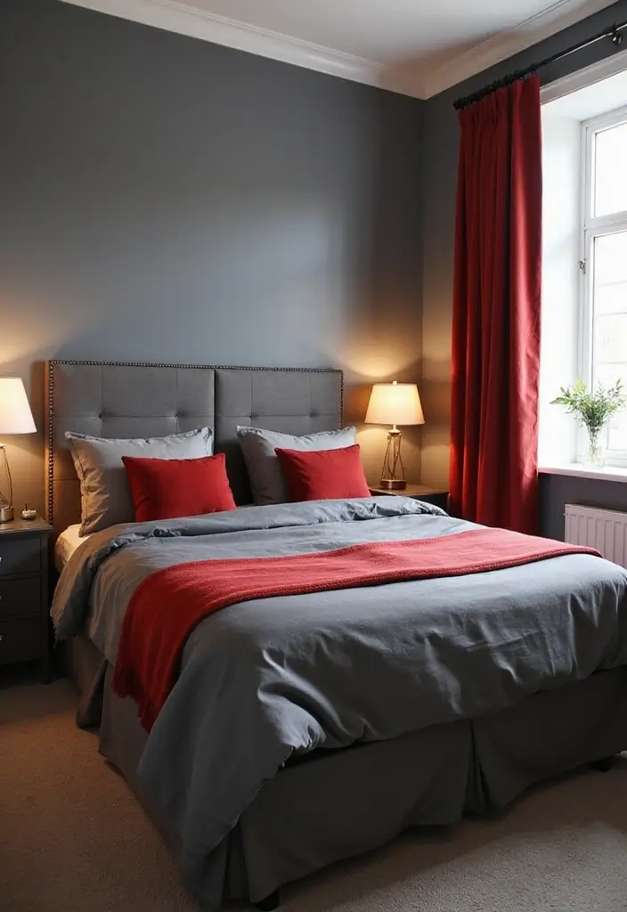 30 Grey Bedroom Ideas with Pop of Color for Modern Homes 1 30 Grey Bedroom Ideas with Pop of Color for Modern Homes - 1. Bold Red Accents